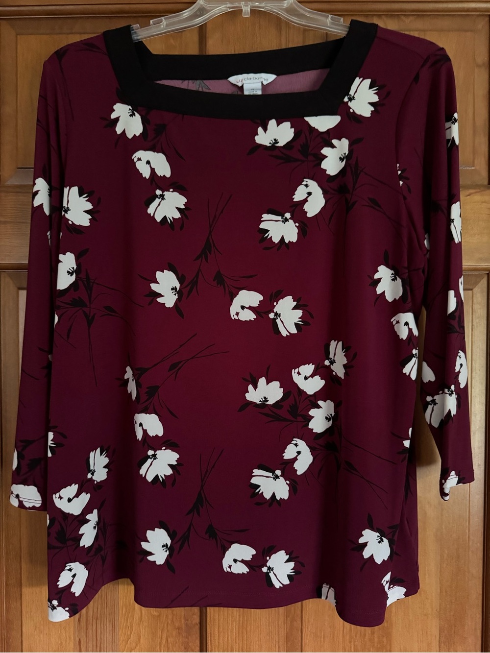 Liz Claiborne Burgundy Floral Long Sleeve Boatneck Top with Black Trim